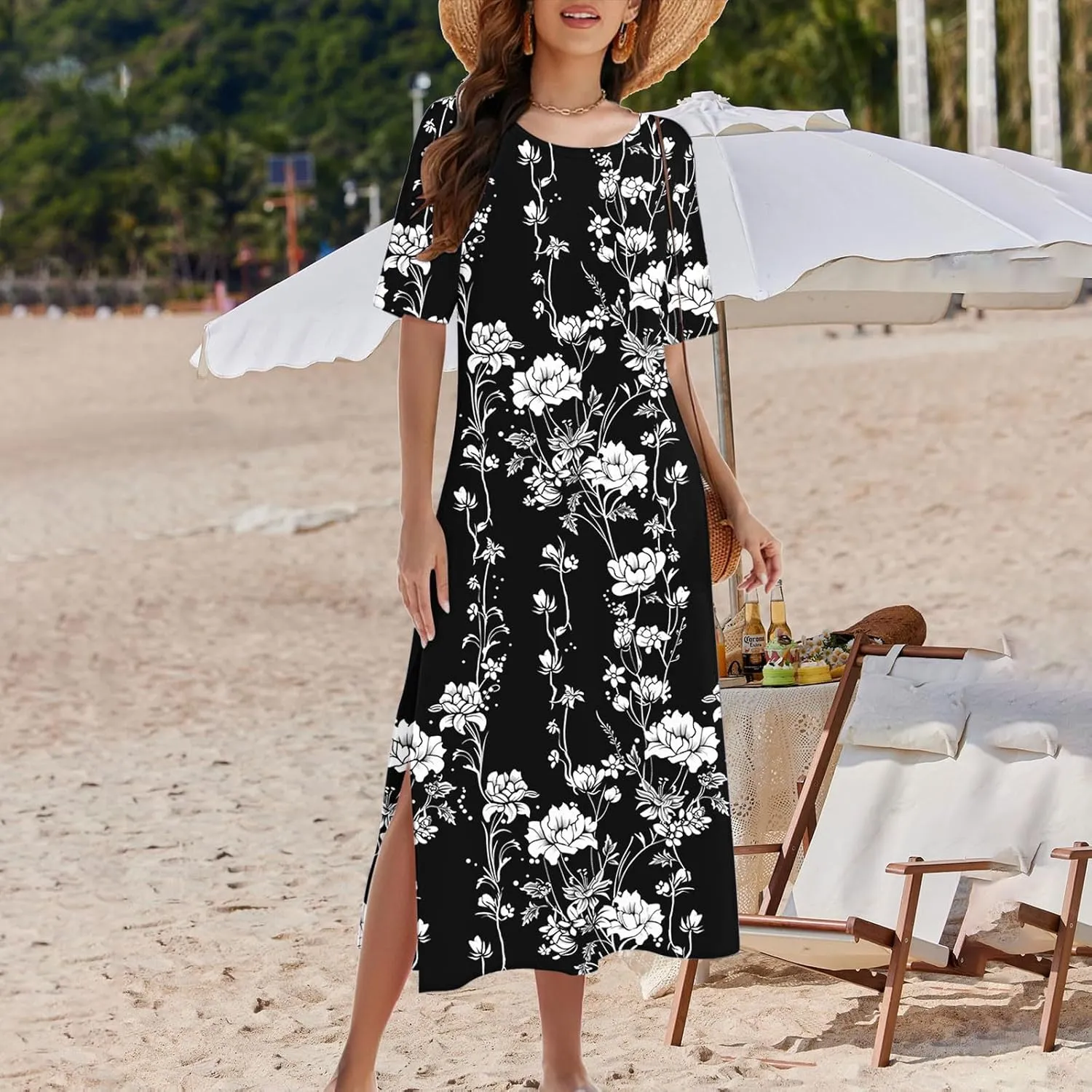 Womens Short Sleeve Casual Sun Dress Boho Floral Print Midi Dresses Comfy Trendy Split Beach Dresses