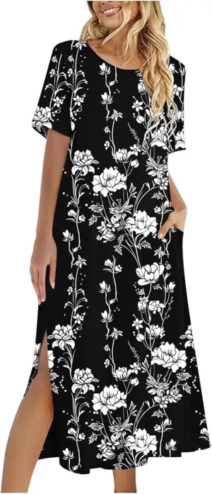 Womens Short Sleeve Casual Sun Dress Boho Floral Print Midi Dresses Comfy Trendy Split Beach Dresses