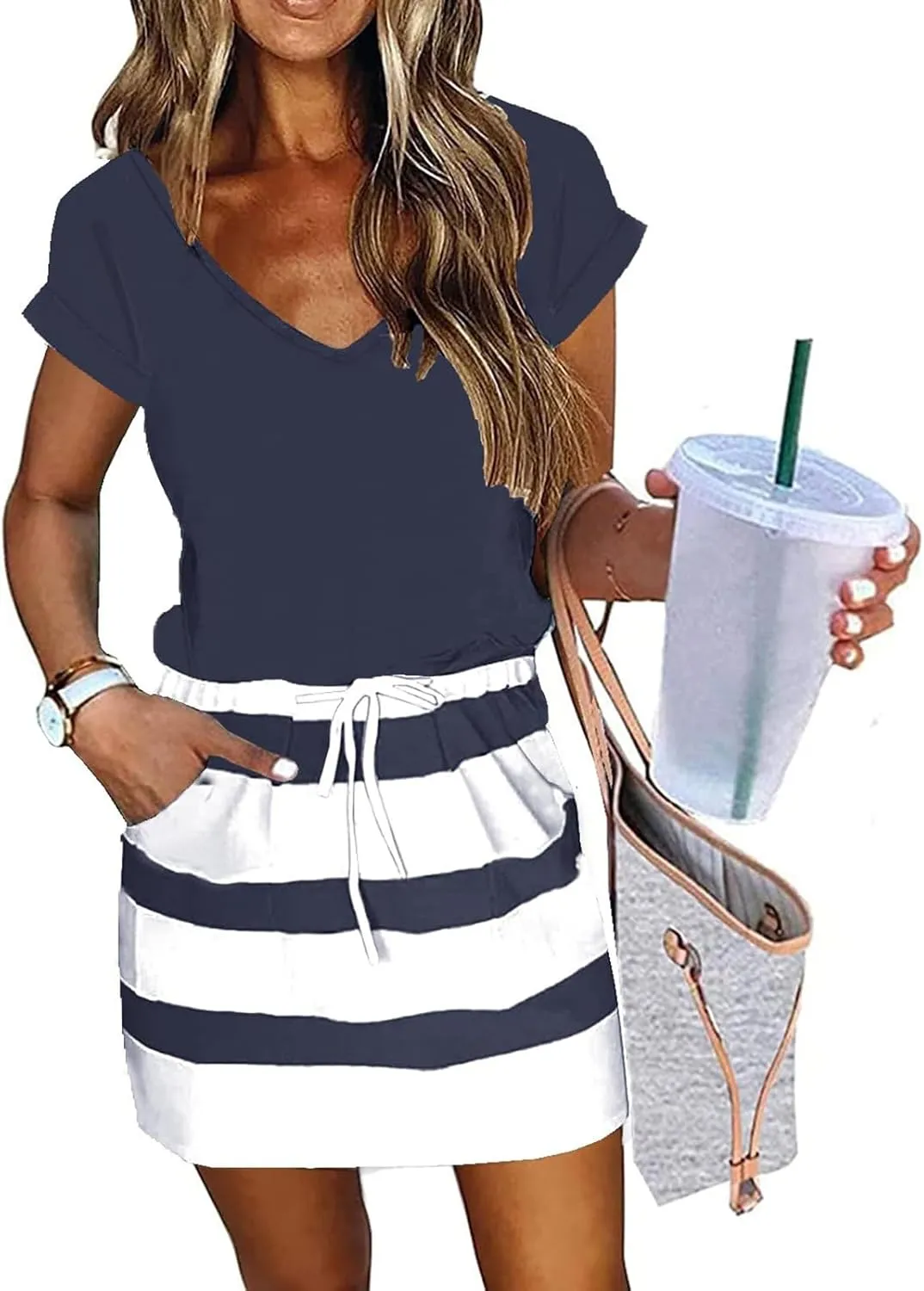 Womens Short Sleeve Casual Sun Dress V-Neck Tie Waist Beach Dresses Comfortable Trendy Clothes