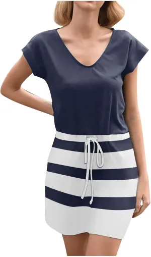 Womens Short Sleeve Casual Sun Dress V-Neck Tie Waist Beach Dresses Comfortable Trendy Clothes