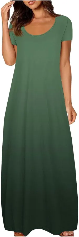 Women's Short Sleeve Loose Sundress Gradient Graphic Print Round Neck Beach Maxi Dresses Casual Trendy Clothes