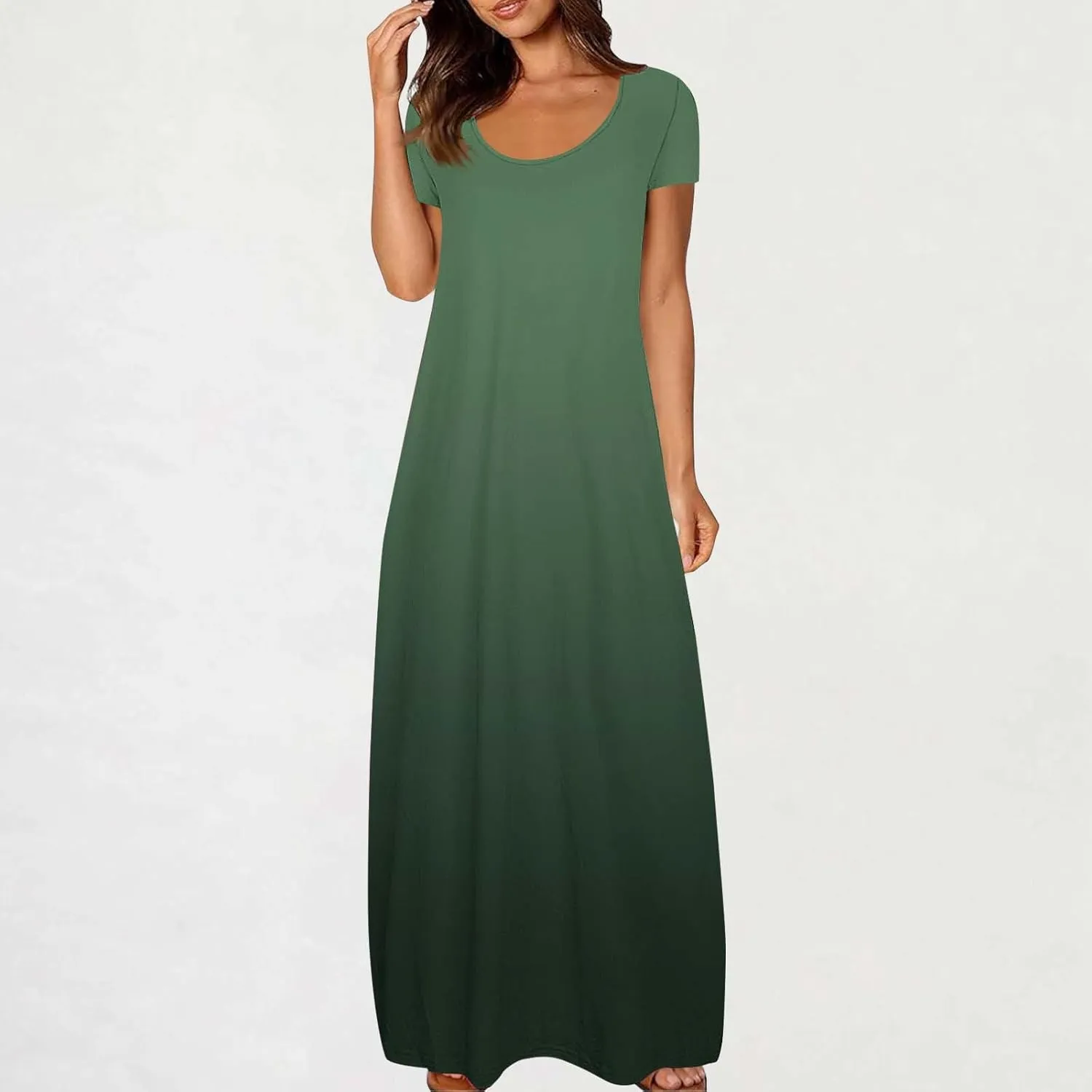 Women's Short Sleeve Loose Sundress Gradient Graphic Print Round Neck Beach Maxi Dresses Casual Trendy Clothes