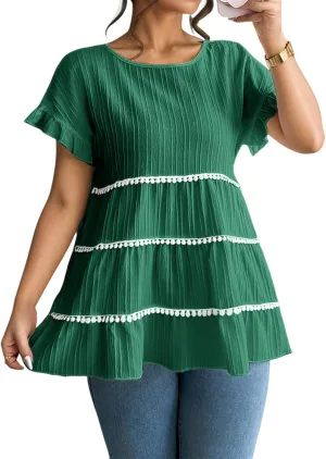 Womens Short Sleeve Tiered Tassels Trim Shirts Summer Peplum Babydoll Blouse Casual Ruffle Sleeve Loose Fit Tee