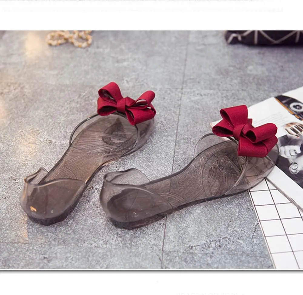 Women's Slip-On Flats Transparent Jelly Shoes Bowknot Fairy Sandals for Summer