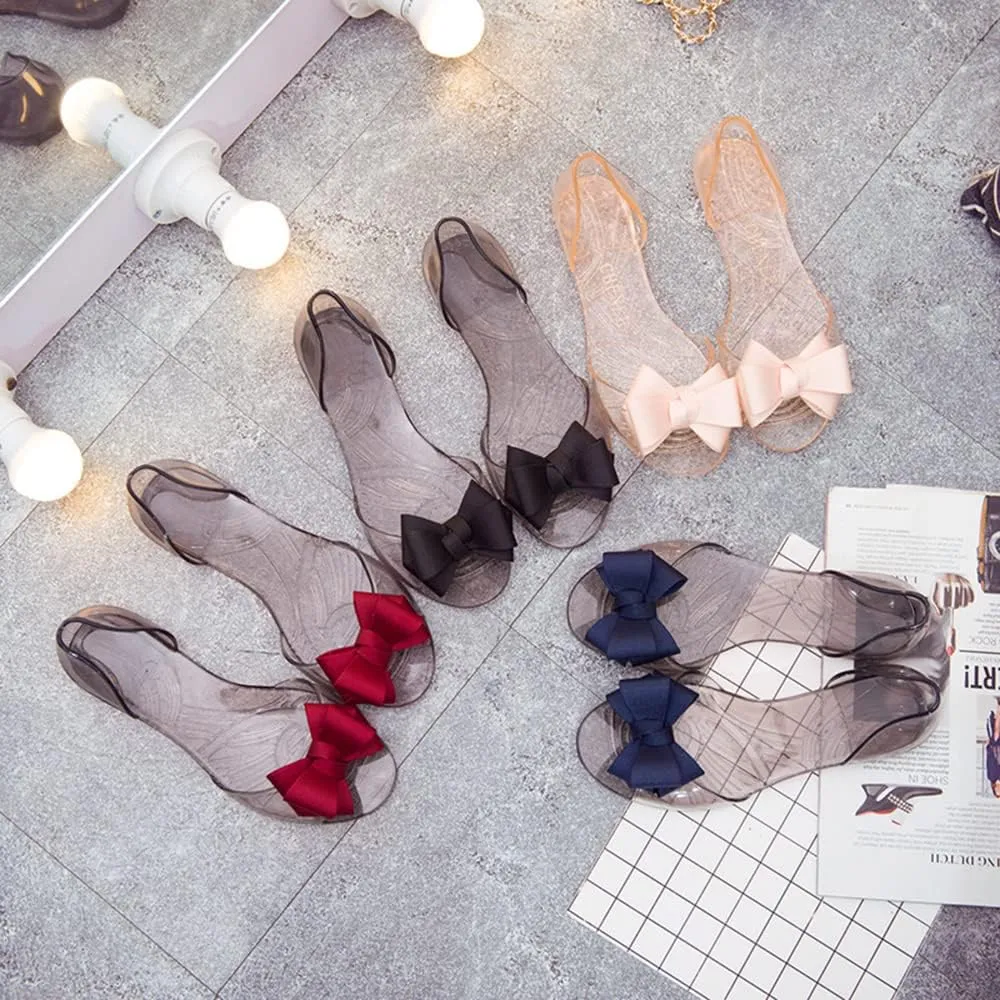 Women's Slip-On Flats Transparent Jelly Shoes Bowknot Fairy Sandals for Summer