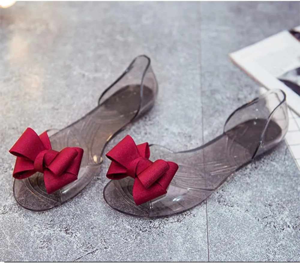 Women's Slip-On Flats Transparent Jelly Shoes Bowknot Fairy Sandals for Summer