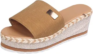 Womens Slip on Wedge Sandals Open Toed Fish Mouth Platform Metal Decoration Slipper Summer Comfortable Casual Beach Shoes Flip Flops