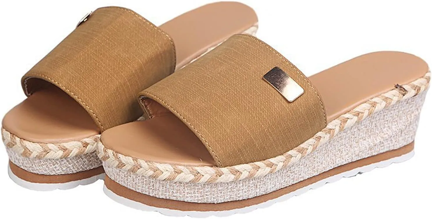 Womens Slip on Wedge Sandals Open Toed Fish Mouth Platform Metal Decoration Slipper Summer Comfortable Casual Beach Shoes Flip Flops