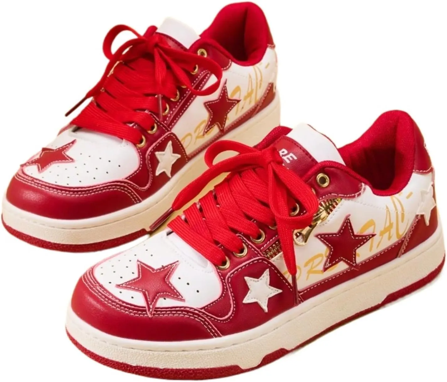 Women's Sneakers PU Leather Y2K Star Print Skate Trendy Casual Platform Shoes Fashionable Lace-Up Streetwear Chunky Sole Non-Slip Athletic Sneakers