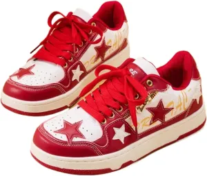 Women's Sneakers PU Leather Y2K Star Print Skate Trendy Casual Platform Shoes Fashionable Lace-Up Streetwear Chunky Sole Non-Slip Athletic Sneakers