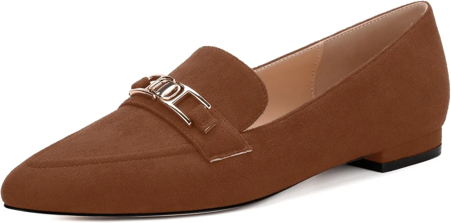 Womens Solid Slip On Pointed Toe Casual Flat Loafer, Metal Chain Loafers for Women Comfortable Fashion Work Flats Shoes