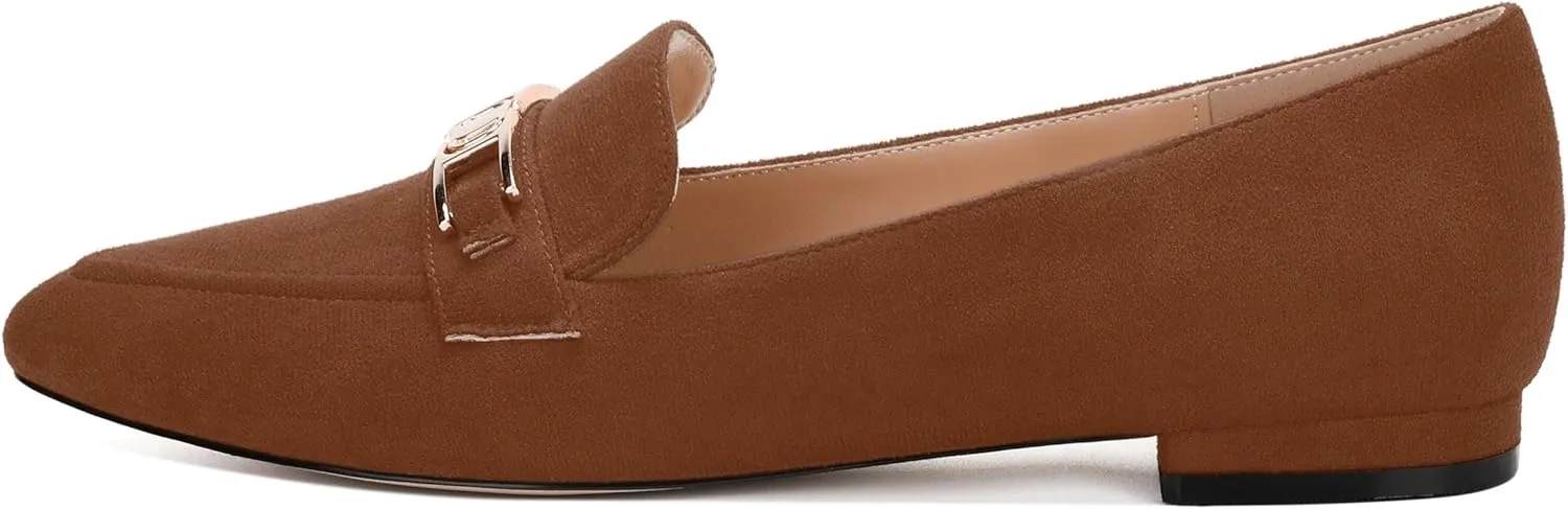 Womens Solid Slip On Pointed Toe Casual Flat Loafer, Metal Chain Loafers for Women Comfortable Fashion Work Flats Shoes