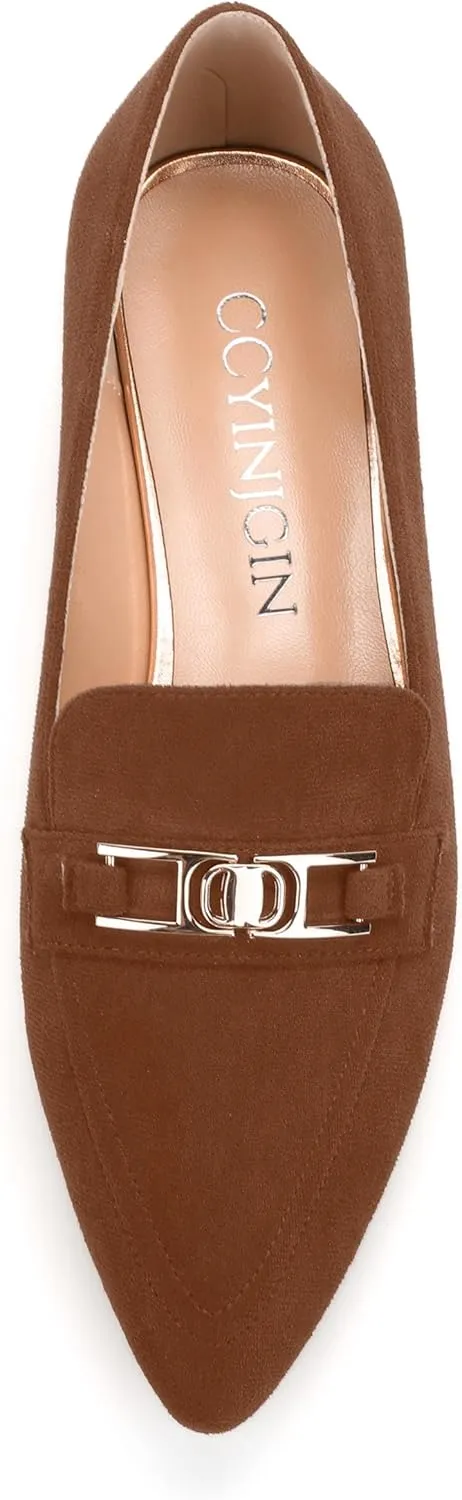 Womens Solid Slip On Pointed Toe Casual Flat Loafer, Metal Chain Loafers for Women Comfortable Fashion Work Flats Shoes