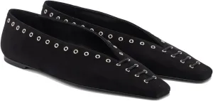 Women's Suede Ballet Flats Square Closed Toe Lace Up Loafers with Metal Buckle Decoration Casual Comfort Flat Shoes