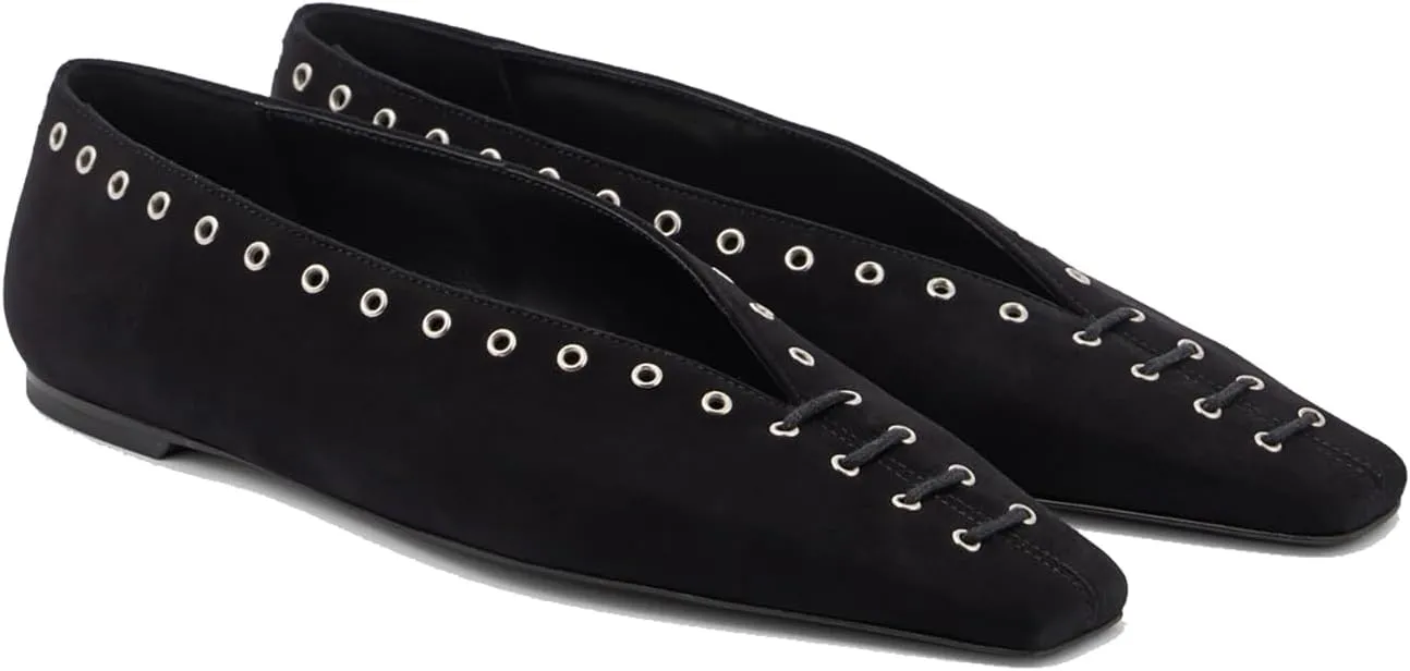 Women's Suede Ballet Flats Square Closed Toe Lace Up Loafers with Metal Buckle Decoration Casual Comfort Flat Shoes