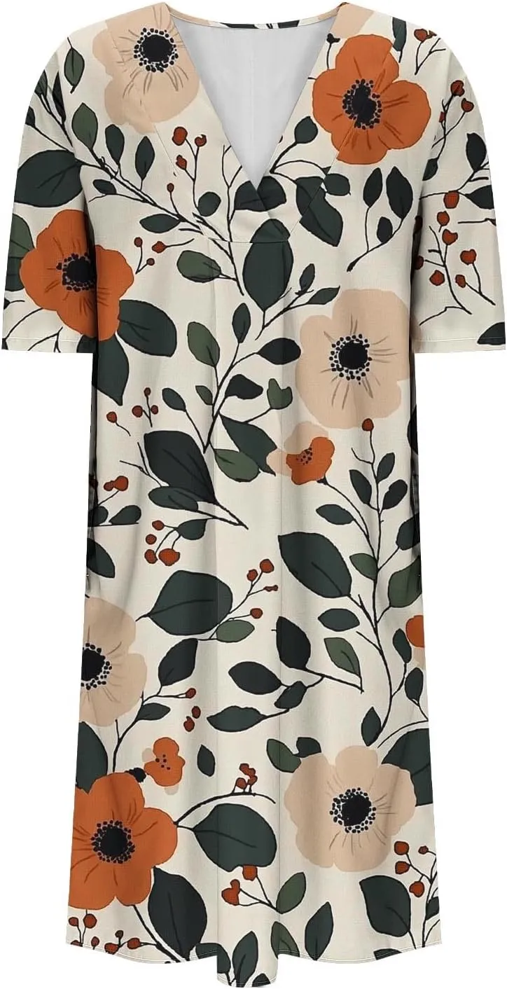 Women's Summer Fashion Floral Printed Short Sleeve Boho Dress V-Neck Casual Loose Midi Sundress with Pockets