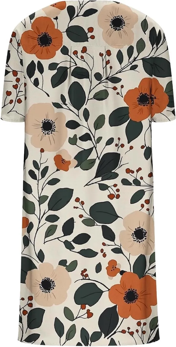 Women's Summer Fashion Floral Printed Short Sleeve Boho Dress V-Neck Casual Loose Midi Sundress with Pockets