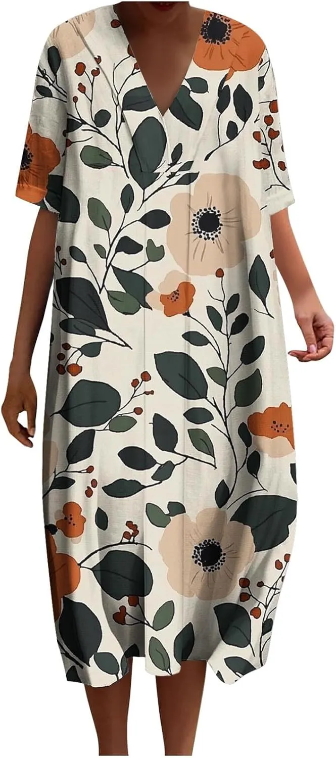 Women's Summer Fashion Floral Printed Short Sleeve Boho Dress V-Neck Casual Loose Midi Sundress with Pockets