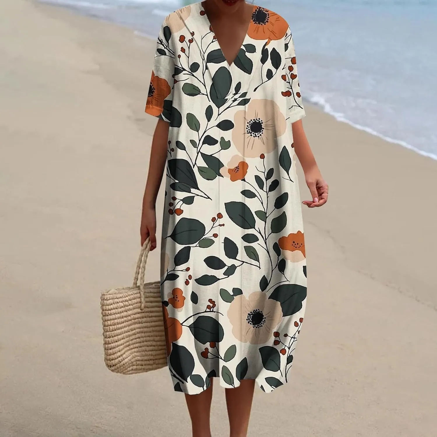 Women's Summer Fashion Floral Printed Short Sleeve Boho Dress V-Neck Casual Loose Midi Sundress with Pockets