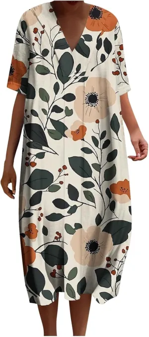 Women's Summer Fashion Floral Printed Short Sleeve Boho Dress V-Neck Casual Loose Midi Sundress with Pockets