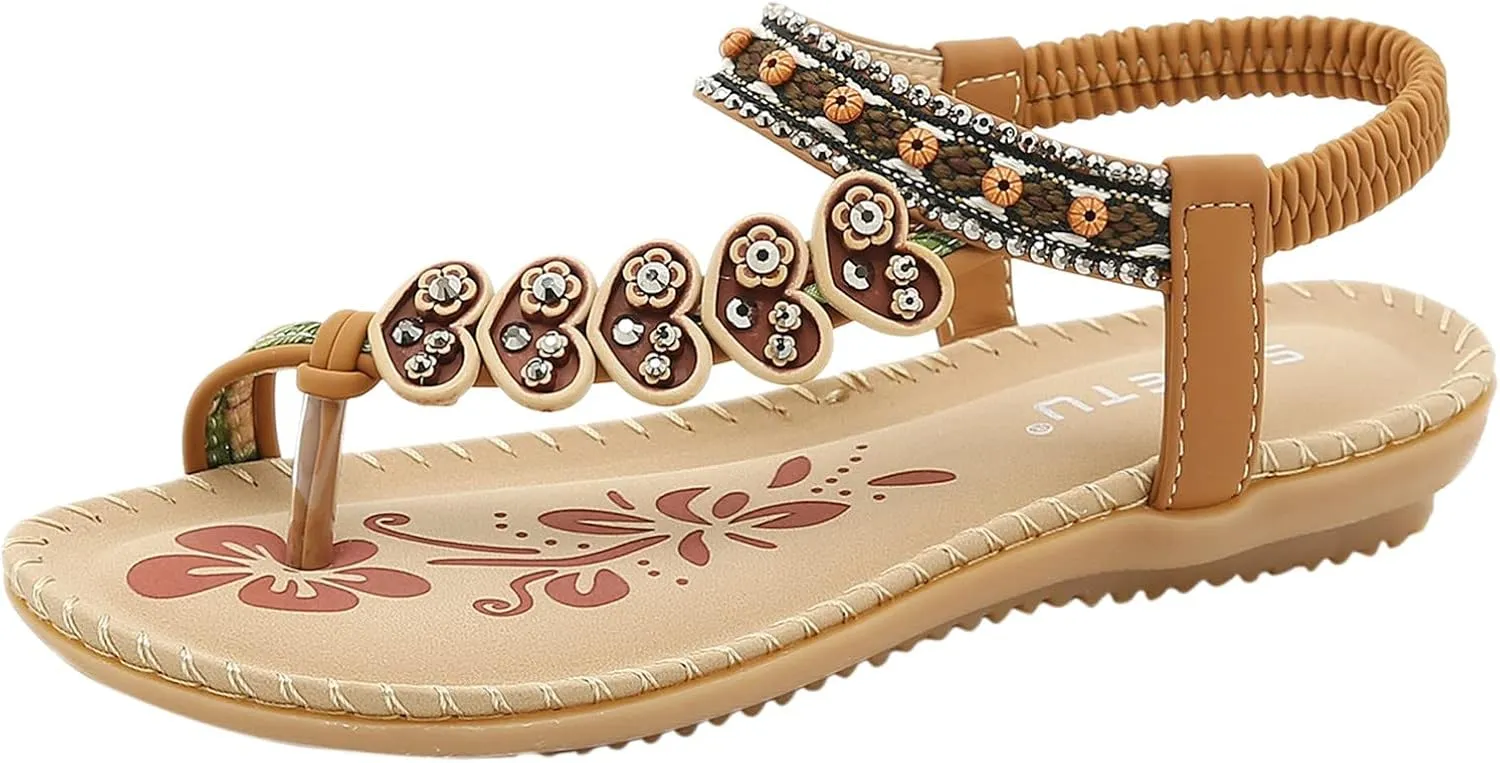 Women's Summer Sandals Beach Bohemian Beaded Ankle Walking Strap Casual Flip Flops Ladies Sexy Flats Comfortable Shoes