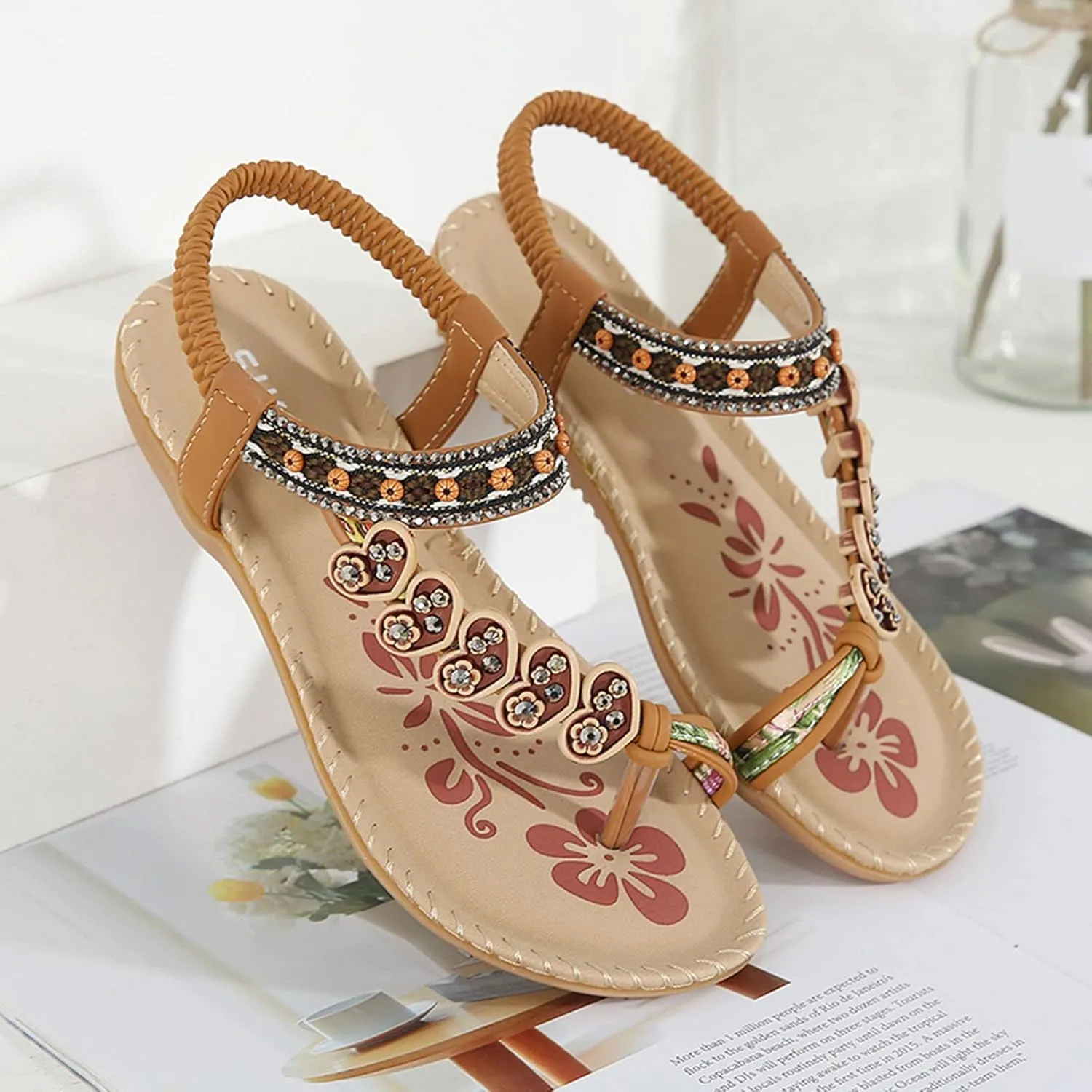 Women's Summer Sandals Beach Bohemian Beaded Ankle Walking Strap Casual Flip Flops Ladies Sexy Flats Comfortable Shoes