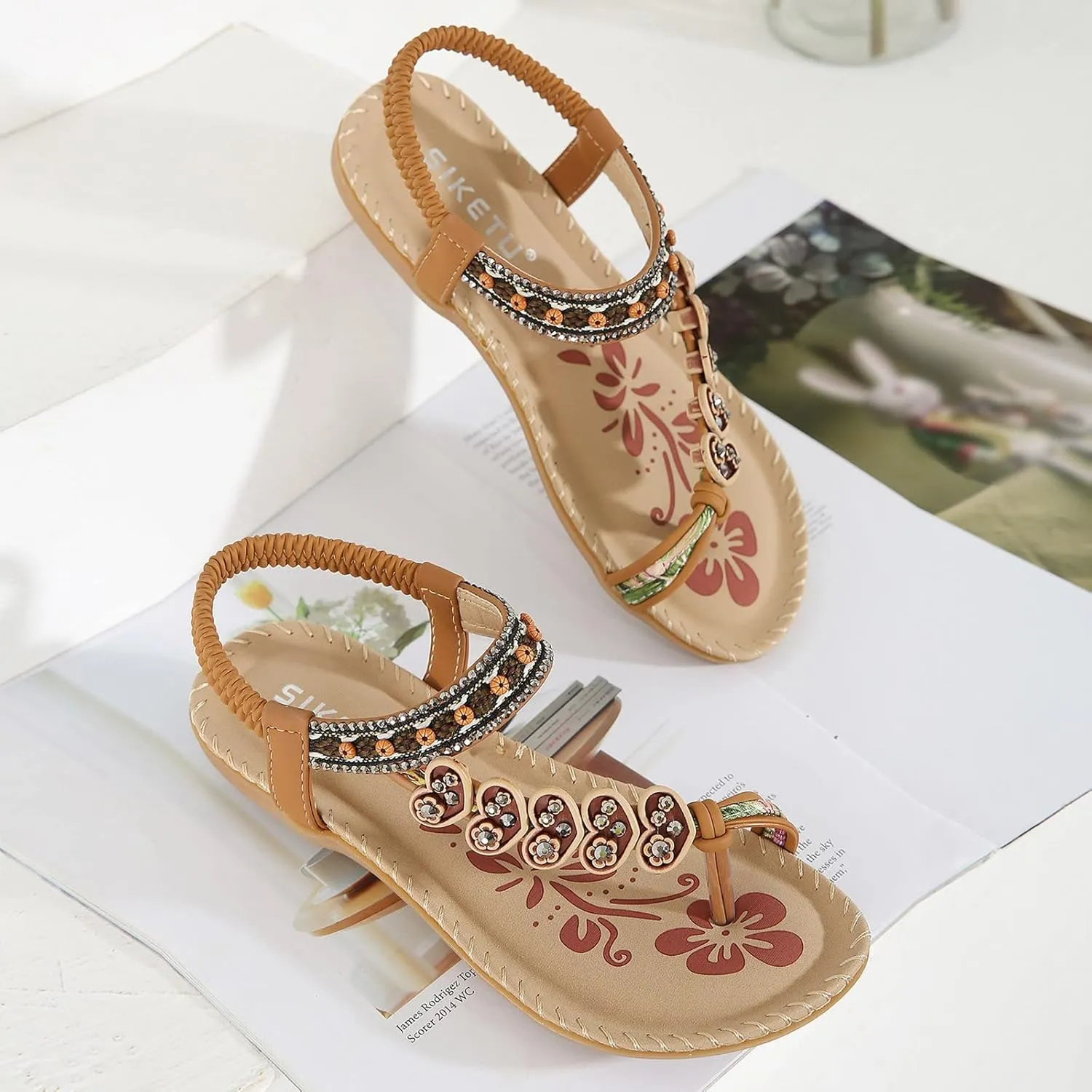 Women's Summer Sandals Beach Bohemian Beaded Ankle Walking Strap Casual Flip Flops Ladies Sexy Flats Comfortable Shoes