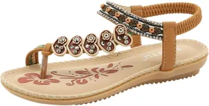 Women's Summer Sandals Beach Bohemian Beaded Ankle Walking Strap Casual Flip Flops Ladies Sexy Flats Comfortable Shoes