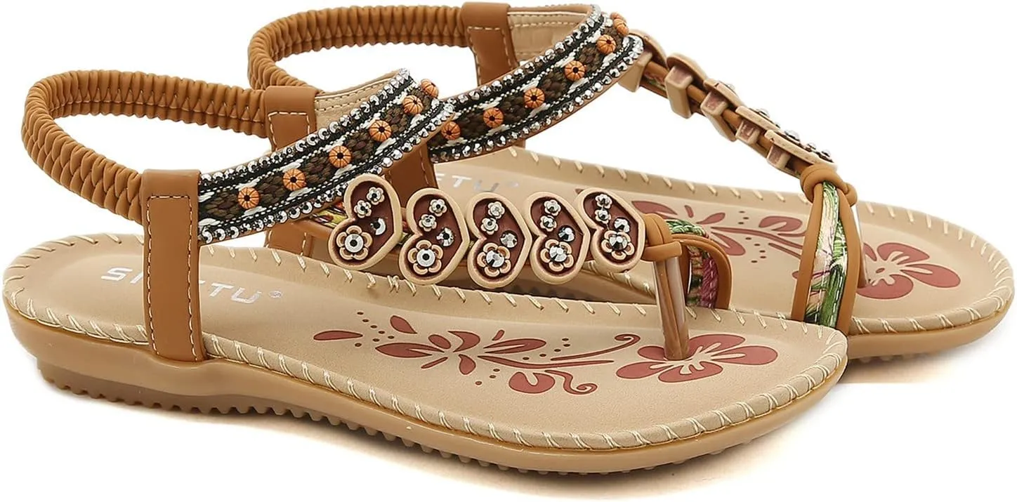 Women's Summer Sandals Beach Bohemian Beaded Ankle Walking Strap Casual Flip Flops Ladies Sexy Flats Comfortable Shoes