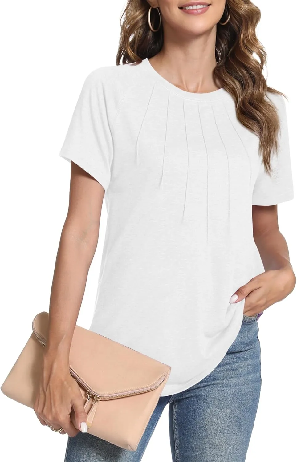 Womens Summer Tops Casual Short Sleeve Shirts Dressy Blouses Trendy Pleated Tunic