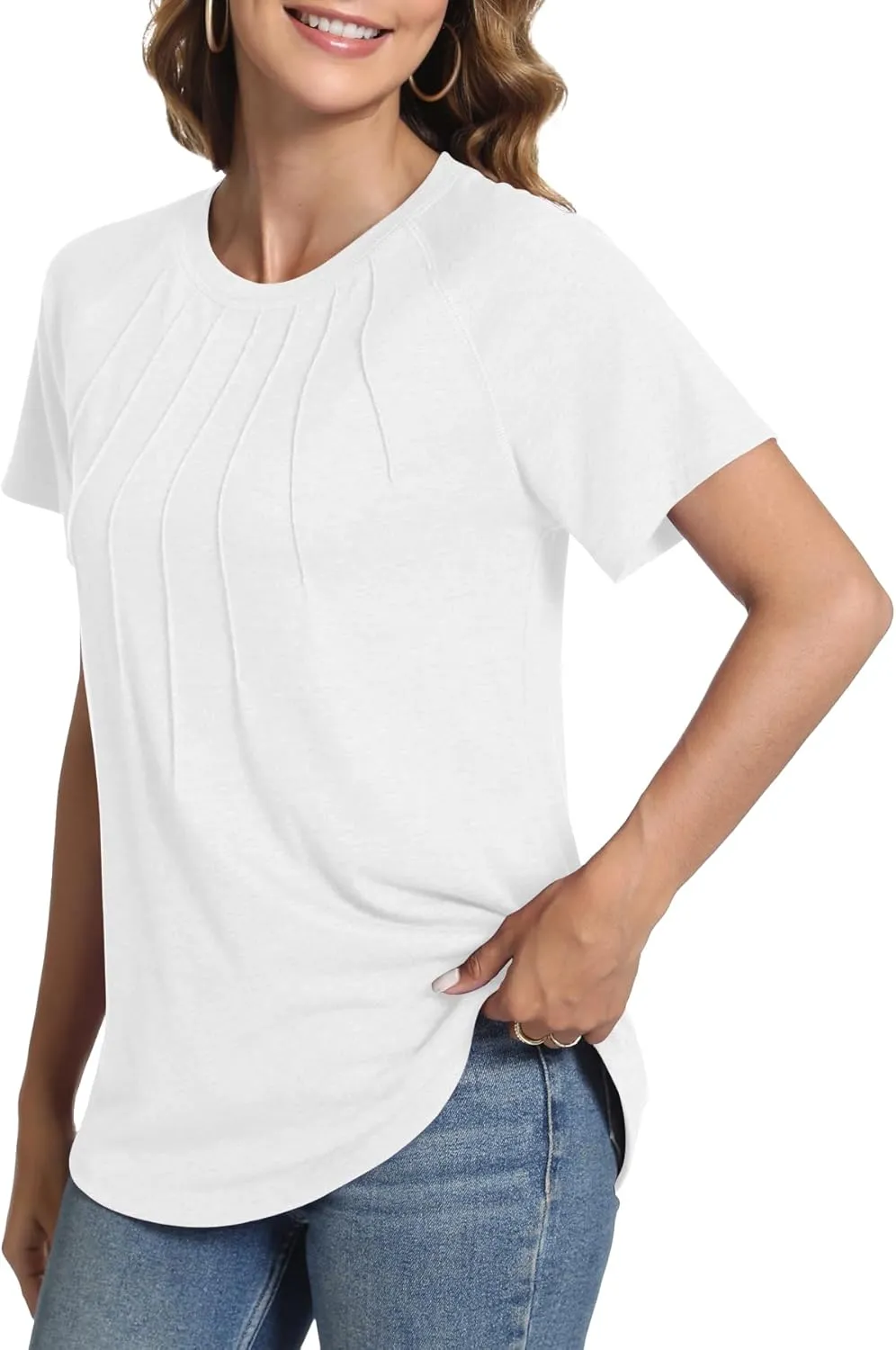 Womens Summer Tops Casual Short Sleeve Shirts Dressy Blouses Trendy Pleated Tunic