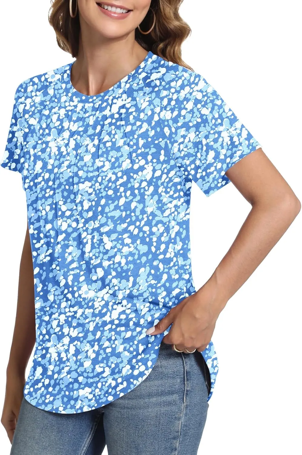 Womens Summer Tops Casual Short Sleeve Shirts Dressy Blouses Trendy Pleated Tunic