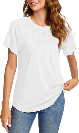 Womens Summer Tops Casual Short Sleeve Shirts Dressy Blouses Trendy Pleated Tunic