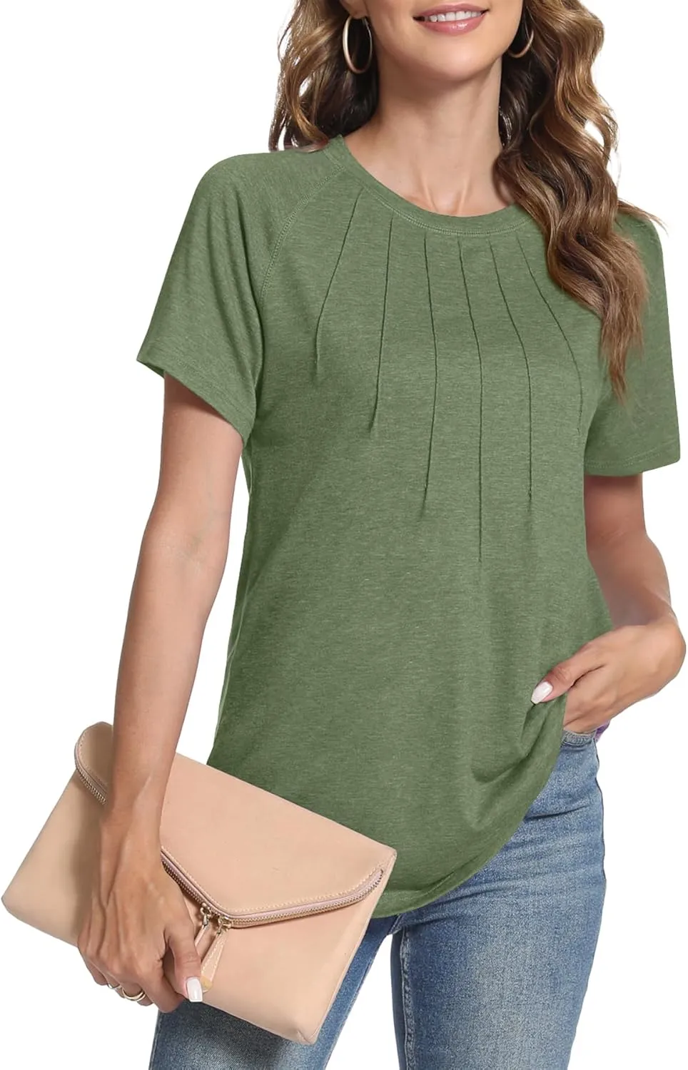 Womens Summer Tops Casual Short Sleeve Shirts Dressy Blouses Trendy Pleated Tunic