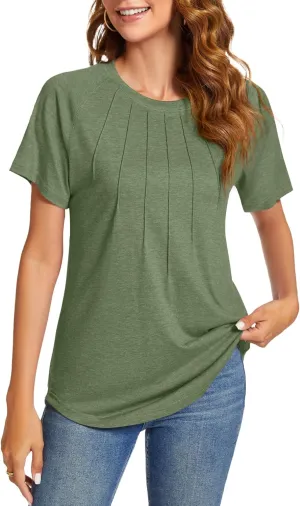 Womens Summer Tops Casual Short Sleeve Shirts Dressy Blouses Trendy Pleated Tunic