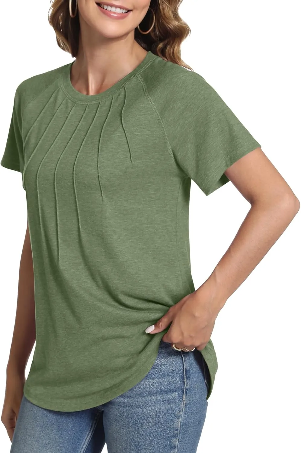 Womens Summer Tops Casual Short Sleeve Shirts Dressy Blouses Trendy Pleated Tunic