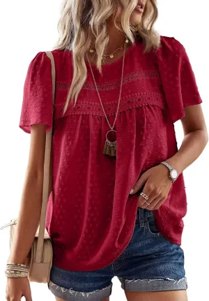 Womens Summer Tops Crewneck Short Sleeve Shirts Casual Chiffon Blouses Flowy Lace Hem Boho Clothing Trendy 2025