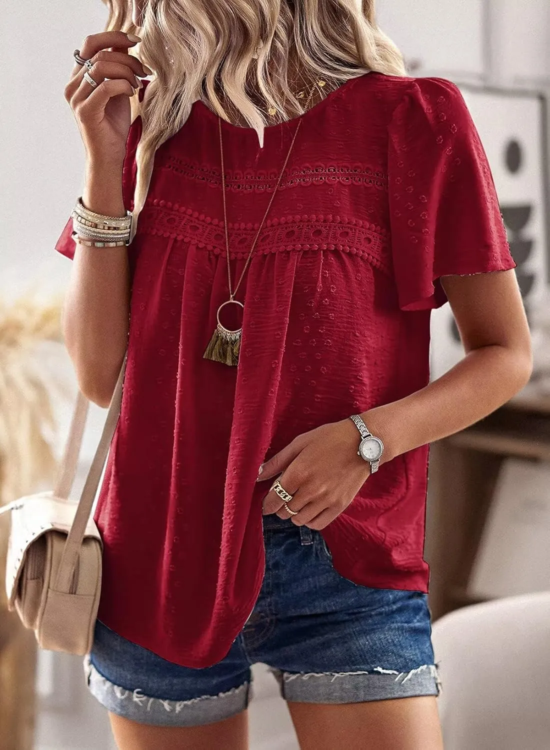 Womens Summer Tops Crewneck Short Sleeve Shirts Casual Chiffon Blouses Flowy Lace Hem Boho Clothing Trendy 2025