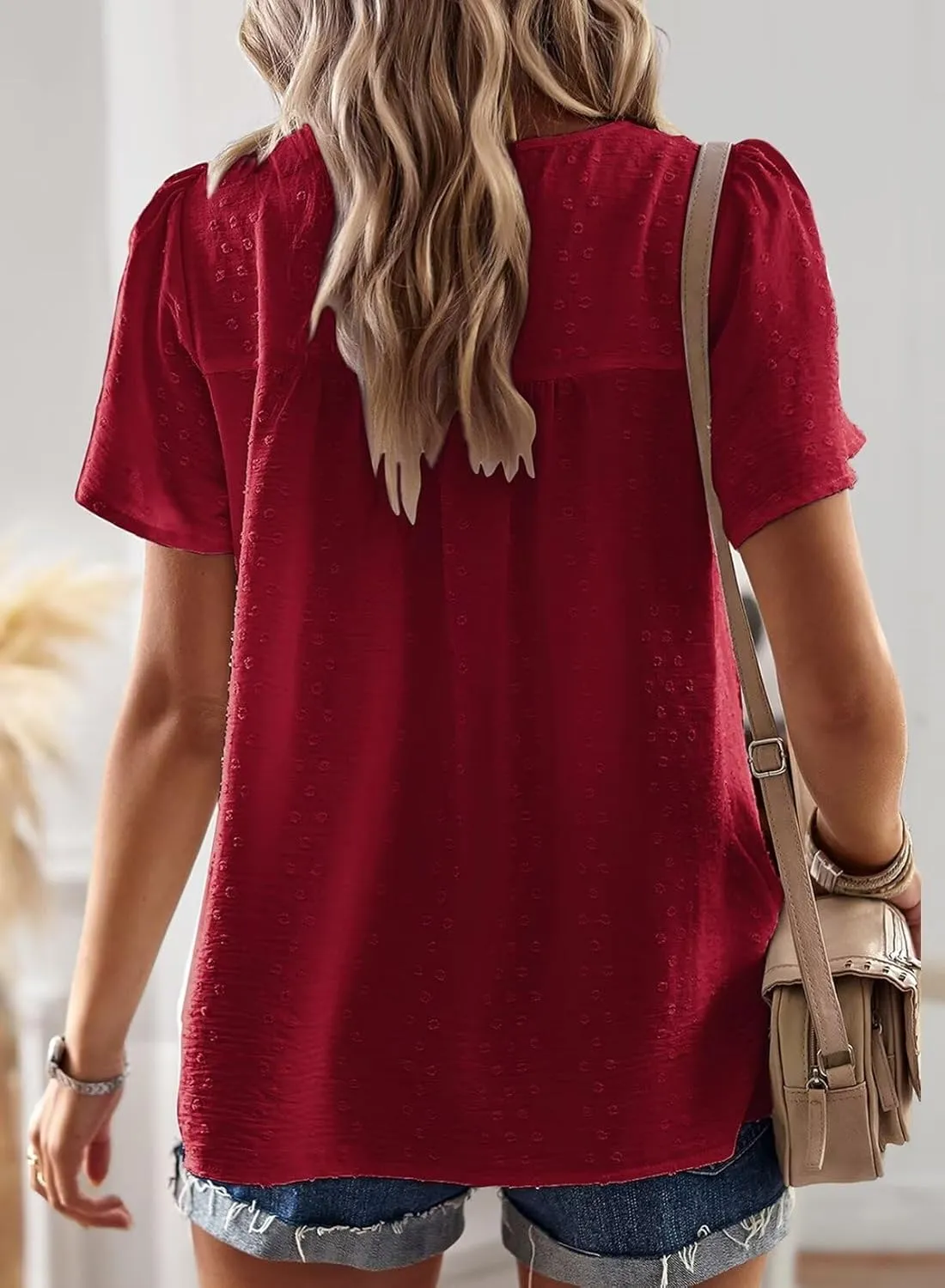 Womens Summer Tops Crewneck Short Sleeve Shirts Casual Chiffon Blouses Flowy Lace Hem Boho Clothing Trendy 2025