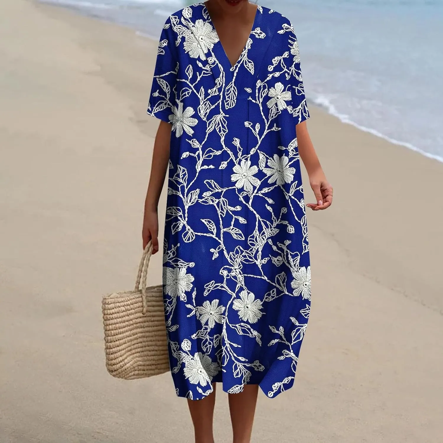 Women's Summer Trendy Floral Printed Short Sleeve Boho Dress V-Neck Casual Loose Beach Midi Sundress with Pockets
