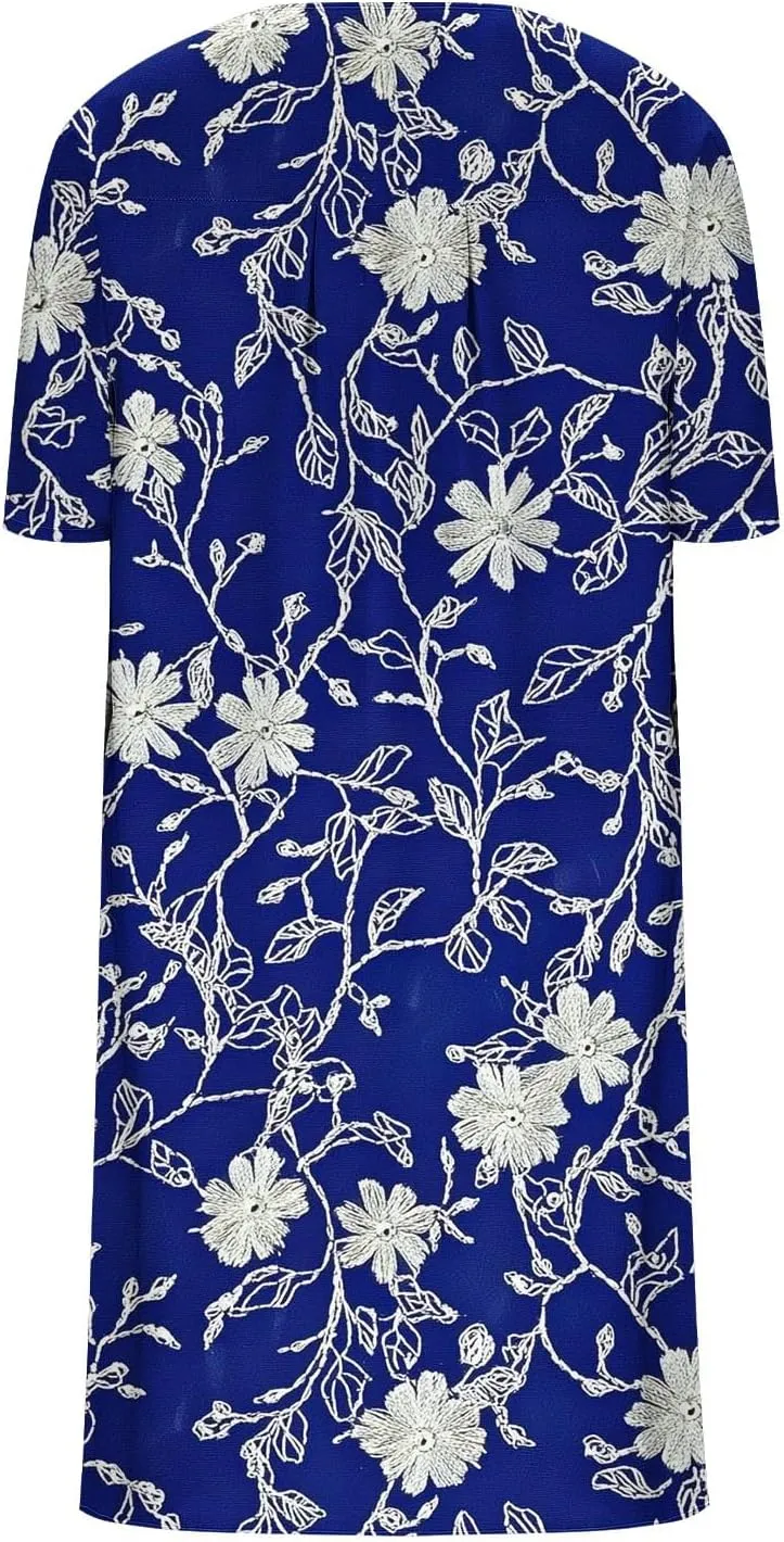 Women's Summer Trendy Floral Printed Short Sleeve Boho Dress V-Neck Casual Loose Beach Midi Sundress with Pockets