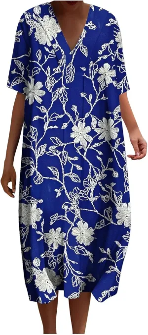 Women's Summer Trendy Floral Printed Short Sleeve Boho Dress V-Neck Casual Loose Beach Midi Sundress with Pockets