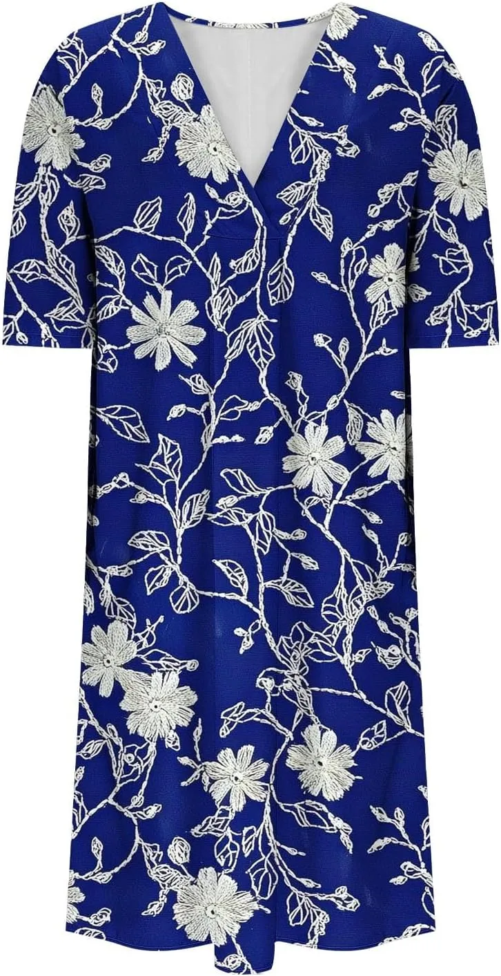 Women's Summer Trendy Floral Printed Short Sleeve Boho Dress V-Neck Casual Loose Beach Midi Sundress with Pockets