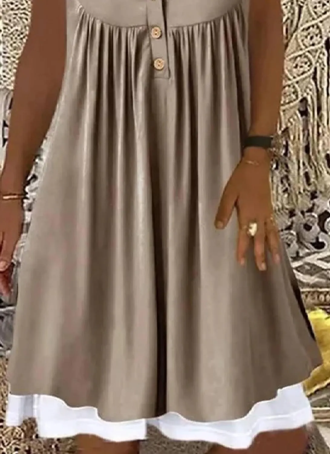 Women's Summer Vintage Khaki Button Front Round Neck Patchwork Sleeveless Loose Causal Travel Beach Mini Dress