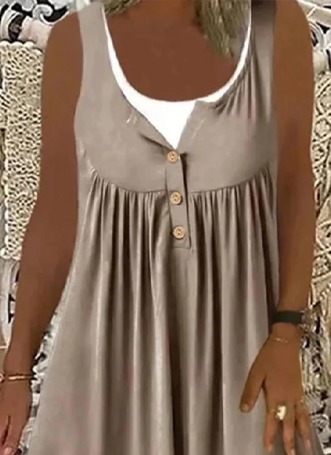 Women's Summer Vintage Khaki Button Front Round Neck Patchwork Sleeveless Loose Causal Travel Beach Mini Dress