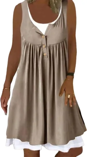 Women's Summer Vintage Khaki Button Front Round Neck Patchwork Sleeveless Loose Causal Travel Beach Mini Dress