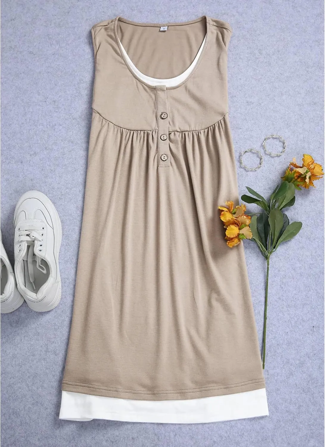 Women's Summer Vintage Khaki Button Front Round Neck Patchwork Sleeveless Loose Causal Travel Beach Mini Dress