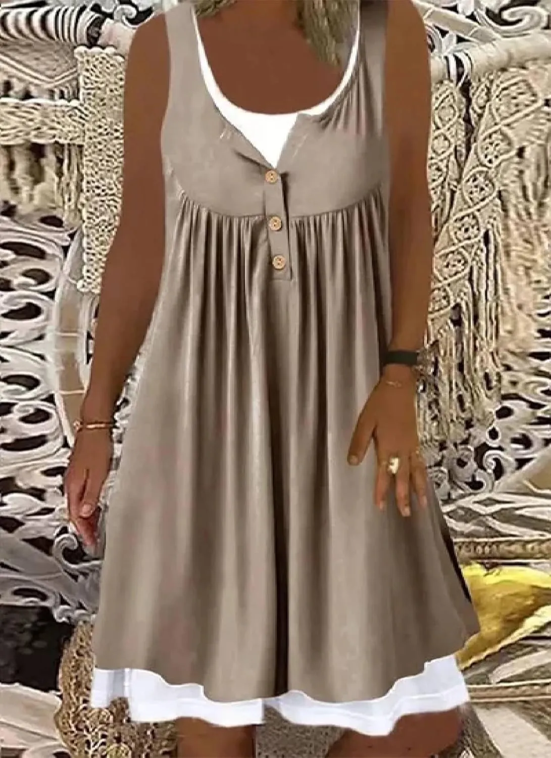 Women's Summer Vintage Khaki Button Front Round Neck Patchwork Sleeveless Loose Causal Travel Beach Mini Dress