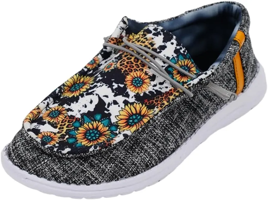 Women's Sunflower Print Canvas Casual Loafers Comfortable Light Weight Slip On Ultralight Sole Wide Boat Shoes Casual Lightweight Black Lace-Up Walking Flat Deck Shoes for Work and Traveling