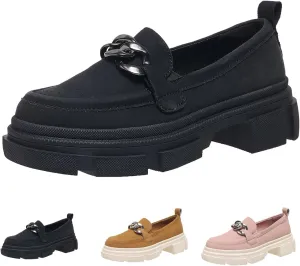 Women's Thick Bottom Suede Slip On Loafers with Metal Chain Platform Chunky Penny Loafer Lug Sole Casual Business Oxford for Work